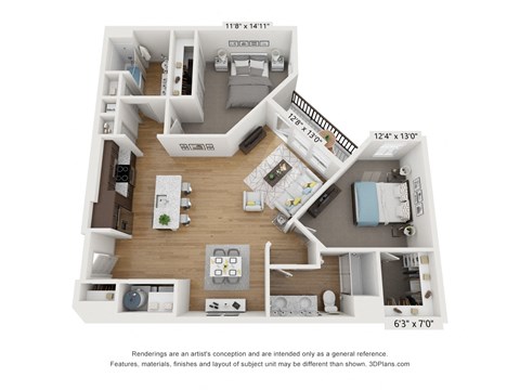 a stylized floor plan with a bedroom and a living room